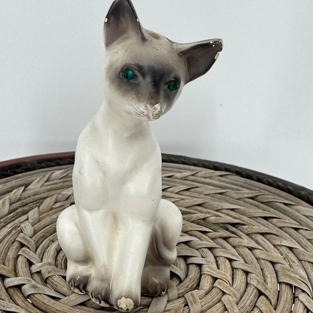 Vintage Siamese‎ Cat Figurines Emerald Eyes Sitting Pair Ceramic Decor 4 in FAIR